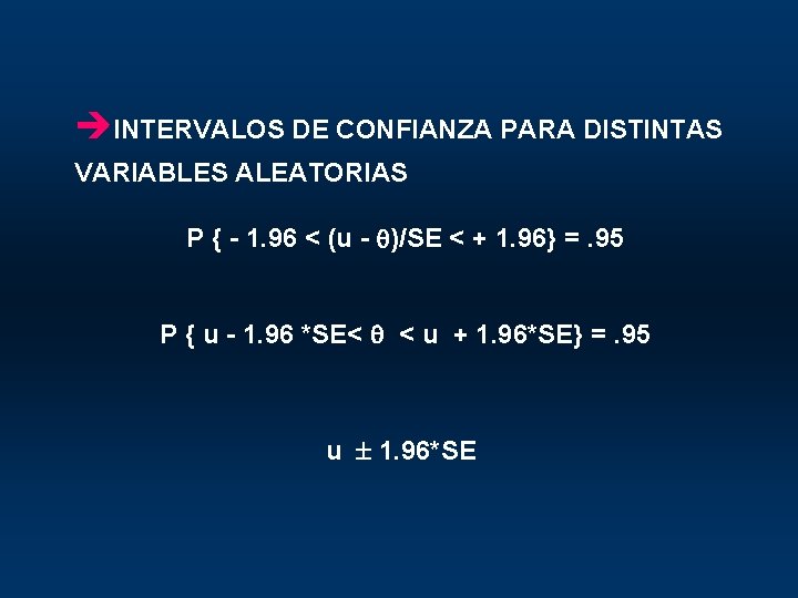 èINTERVALOS DE CONFIANZA PARA DISTINTAS VARIABLES ALEATORIAS P { - 1. 96 < (u