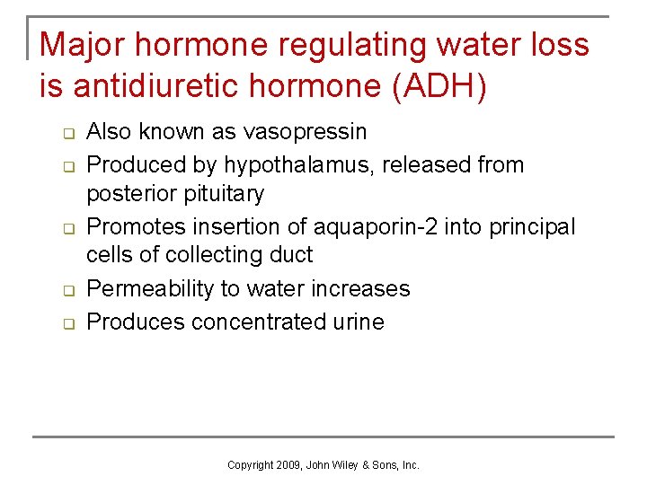 Major hormone regulating water loss is antidiuretic hormone (ADH) q q q Also known