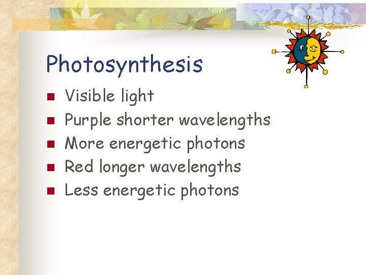 Photosynthesis n n n Visible light Purple shorter wavelengths More energetic photons Red longer