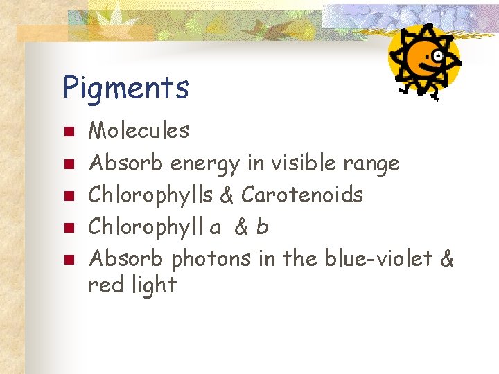 Pigments n n n Molecules Absorb energy in visible range Chlorophylls & Carotenoids Chlorophyll