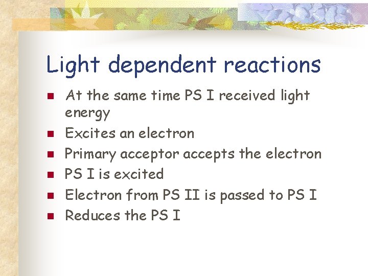 Light dependent reactions n n n At the same time PS I received light