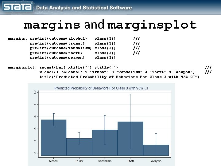 margins and marginsplot margins, predict(outcome(alcohol) predict(outcome(truant) predict(outcome(vandalism) predict(outcome(theft) predict(outcome(weapon) class(3)) class(3)) /// /// marginsplot,