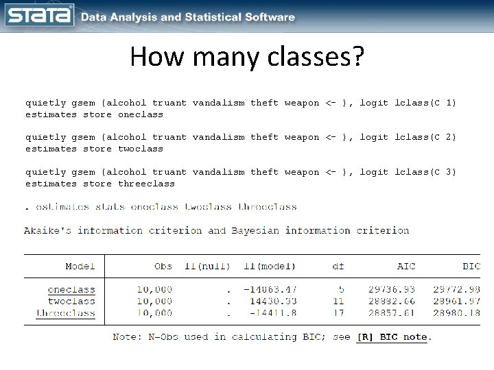 How many classes? quietly gsem (alcohol truant vandalism theft weapon <- ), logit lclass(C How many classes? quietly gsem (alcohol truant vandalism theft weapon <- ), logit lclass(C