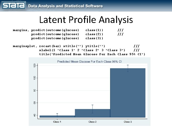 Latent Profile Analysis margins, predict(outcome(glucose) class(1)) class(2)) class(3)) /// marginsplot, recast(bar) xtitle("") ytitle("") ///