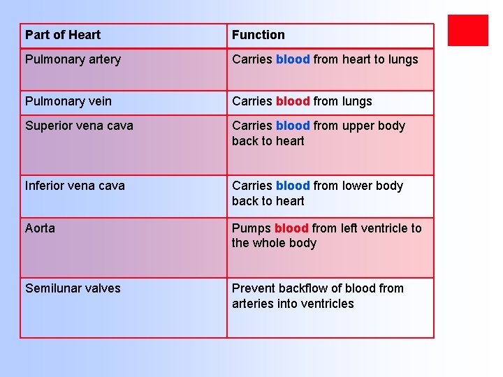 Part of Heart Function Pulmonary artery Carries blood from heart to lungs Pulmonary vein
