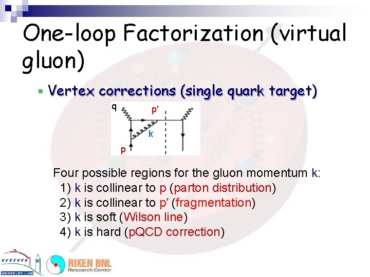 One-loop Factorization (virtual gluon) § Vertex corrections (single quark target) q p′ k p