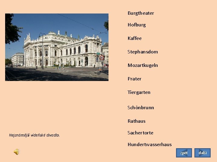 Burgtheater Hofburg Kaffee Stephansdom Mozartkugeln Prater Tiergarten Schönbrunn Rathaus Nejznámější vídeňské divadlo. Sachertorte Hundertwasserhaus