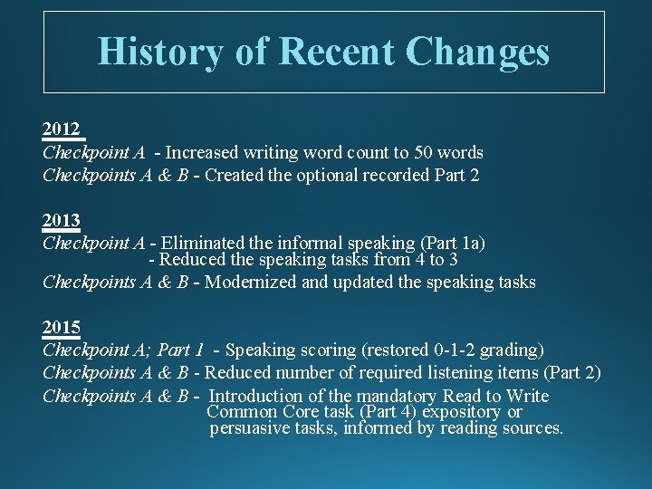 History of Recent Changes 2012 Checkpoint A - Increased writing word count to 50