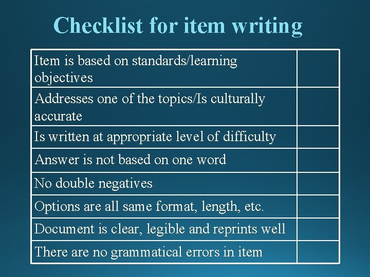 Checklist for item writing Item is based on standards/learning objectives Addresses one of the