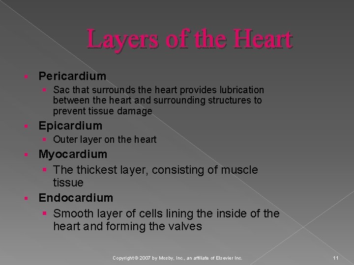 Layers of the Heart § Pericardium § Sac that surrounds the heart provides