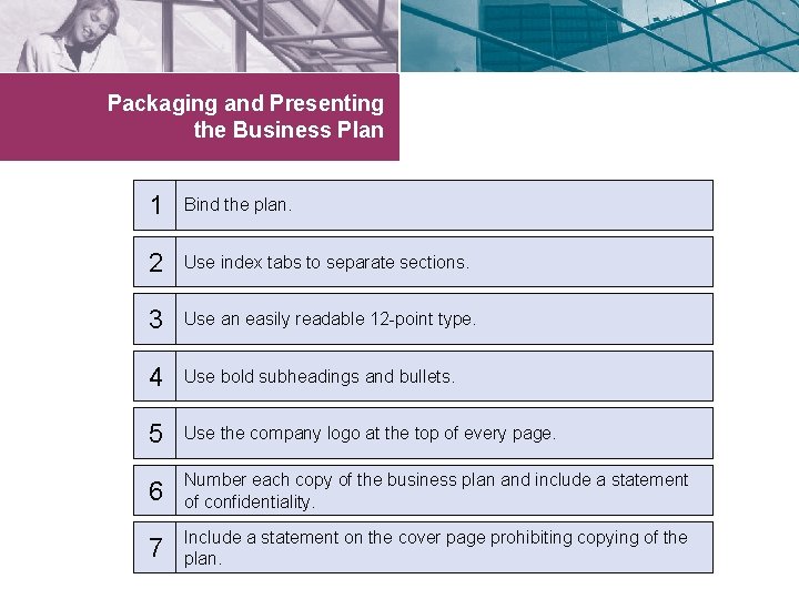 Packaging and Presenting the Business Plan 1 Bind the plan. 2 Use index tabs