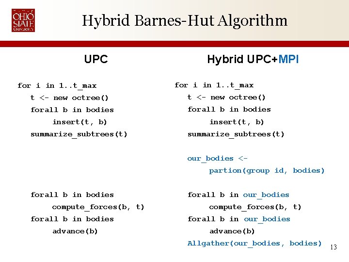 Hybrid Barnes-Hut Algorithm UPC for i in 1. . t_max Hybrid UPC+MPI for i