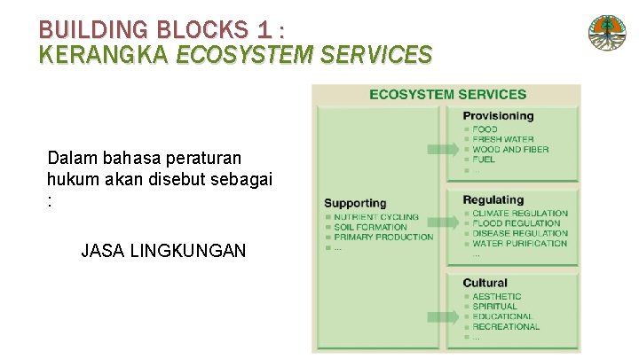 BUILDING BLOCKS 1 : KERANGKA ECOSYSTEM SERVICES Dalam bahasa peraturan hukum akan disebut sebagai