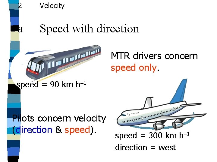 2 Velocity a Speed with direction MTR drivers concern speed only. speed = 90