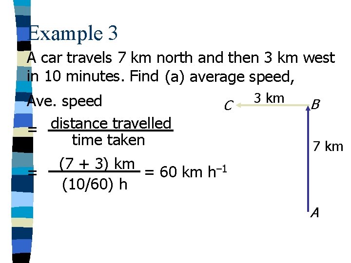 Example 3 A car travels 7 km north and then 3 km west in