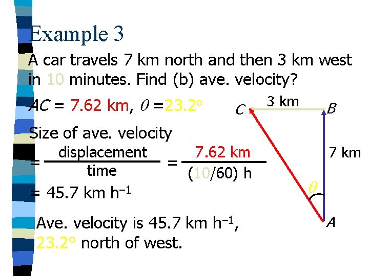 Example 3 A car travels 7 km north and then 3 km west in