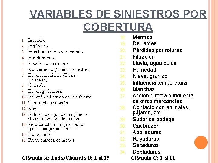 VARIABLES DE SINIESTROS POR COBERTURA 1. 2. 3. 4. 5. 6. 7. 8. 9.