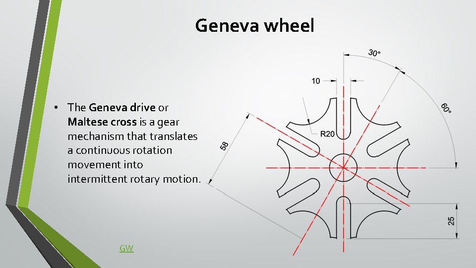 Geneva wheel • The Geneva drive or Maltese cross is a gear mechanism that
