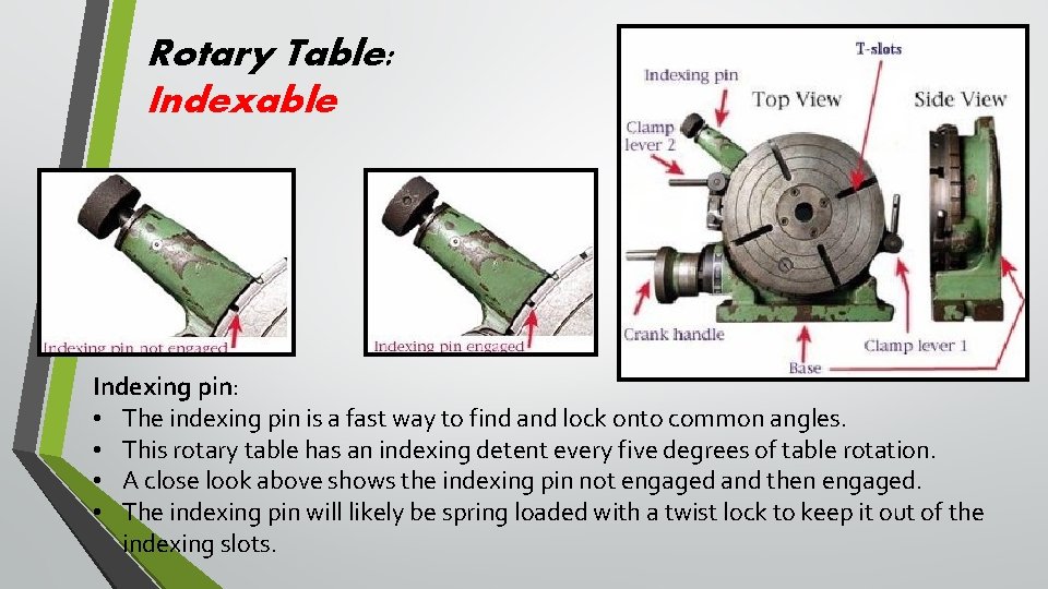 Rotary Table: Indexable Indexing pin: • The indexing pin is a fast way to