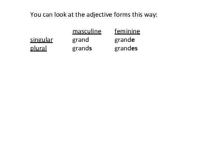You can look at the adjective forms this way: singular plural masculine grands feminine