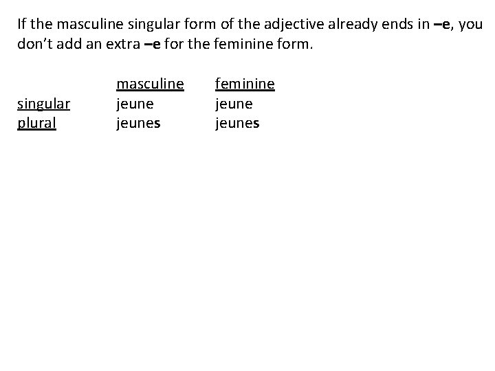If the masculine singular form of the adjective already ends in –e, you don’t