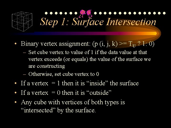 ●●●●●●●●●●●●● Step 1: Surface Intersection • Binary vertex assignment: (p (i, j, k) >= ●●●●●●●●●●●●● Step 1: Surface Intersection • Binary vertex assignment: (p (i, j, k) >=