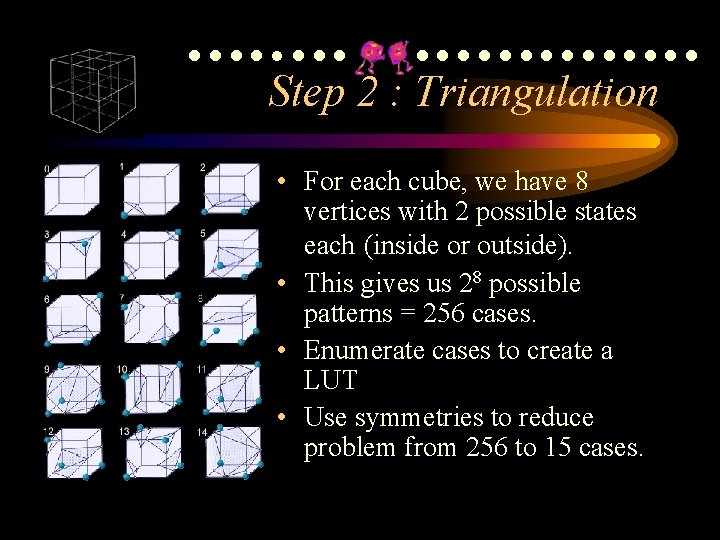 ●●●●●●●●●●●●● Step 2 : Triangulation • For each cube, we have 8 vertices with ●●●●●●●●●●●●● Step 2 : Triangulation • For each cube, we have 8 vertices with