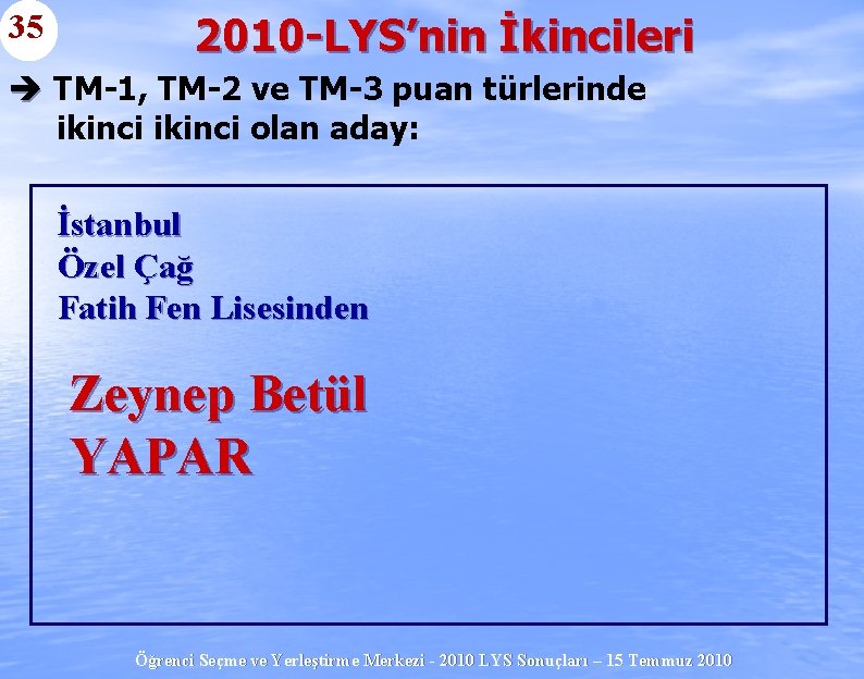 35 2010 -LYS’nin İkincileri è TM-1, TM-2 ve TM-3 puan türlerinde ikinci olan aday: