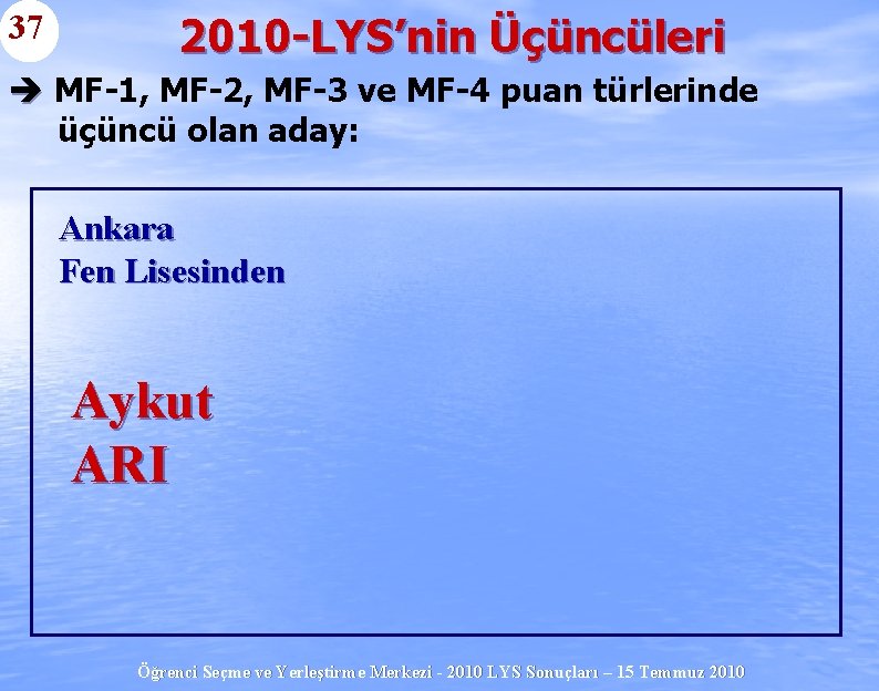 37 2010 -LYS’nin Üçüncüleri è MF-1, MF-2, MF-3 ve MF-4 puan türlerinde üçüncü olan