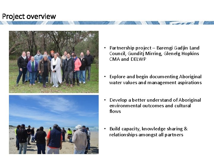 Project overview • Partnership project – Barengi Gadjin Land Council, Gunditj Mirring, Glenelg Hopkins