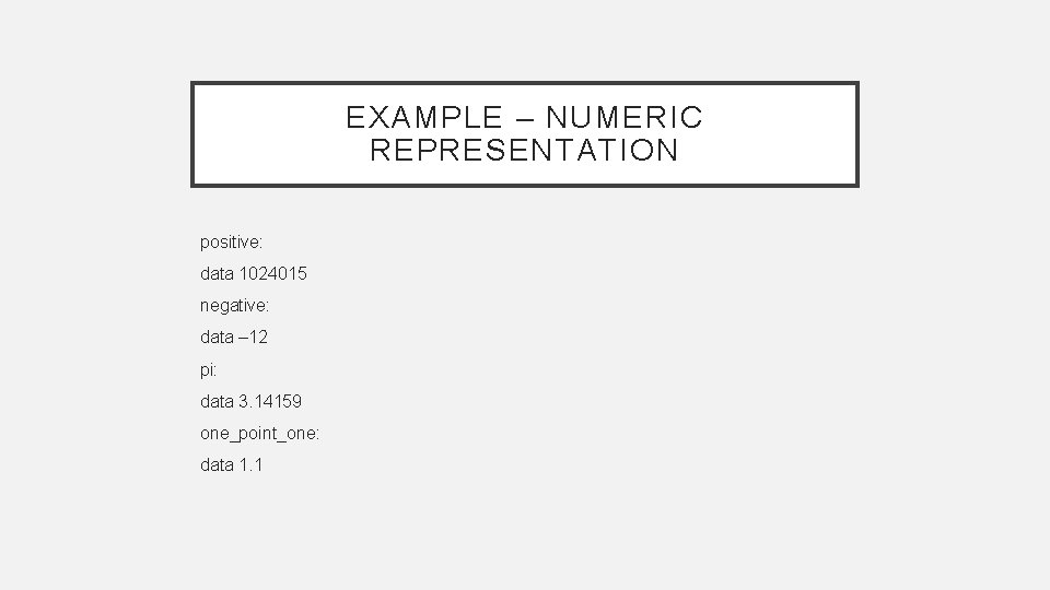 EXAMPLE – NUMERIC REPRESENTATION positive: data 1024015 negative: data – 12 pi: data 3. EXAMPLE – NUMERIC REPRESENTATION positive: data 1024015 negative: data – 12 pi: data 3.