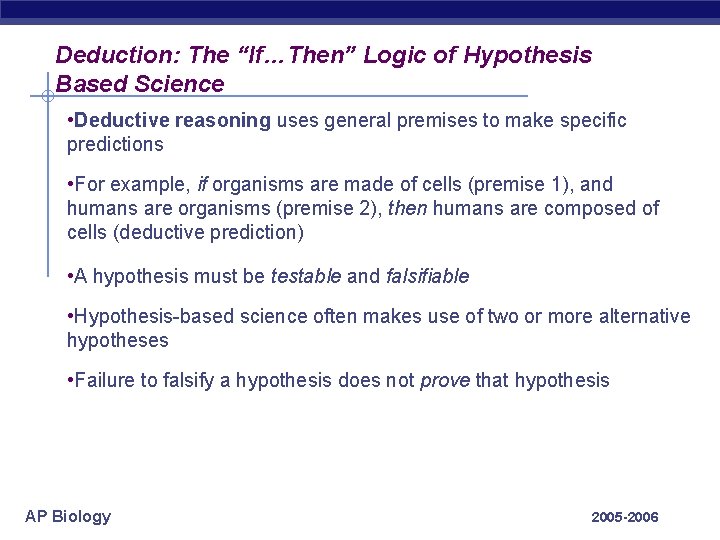 Deduction: The “If…Then” Logic of Hypothesis Based Science • Deductive reasoning uses general premises