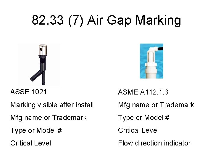 82. 33 (7) Air Gap Marking ASSE 1021 ASME A 112. 1. 3 Marking