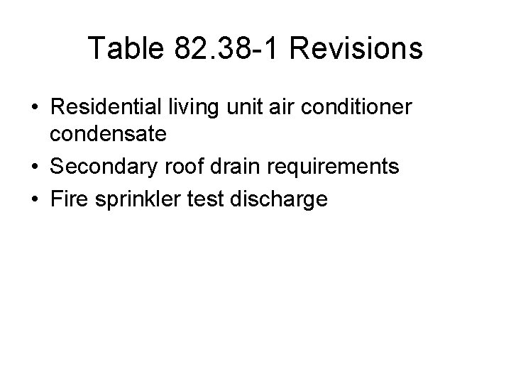 Table 82. 38 -1 Revisions • Residential living unit air conditioner condensate • Secondary