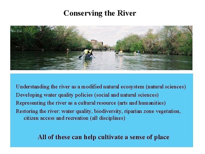 Conserving the River Understanding the river as a modified natural ecosystem (natural sciences) Developing Conserving the River Understanding the river as a modified natural ecosystem (natural sciences) Developing