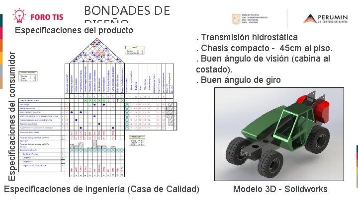 Especificaciones del consumidor BONDADES DE DISEÑO Especificaciones del producto . Transmisión hidrostática. Chasis compacto
