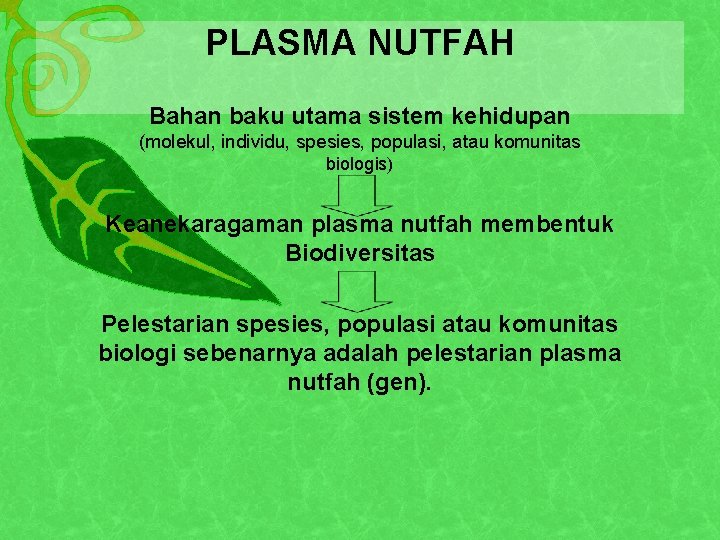 PLASMA NUTFAH Bahan baku utama sistem kehidupan (molekul, individu, spesies, populasi, atau komunitas biologis)