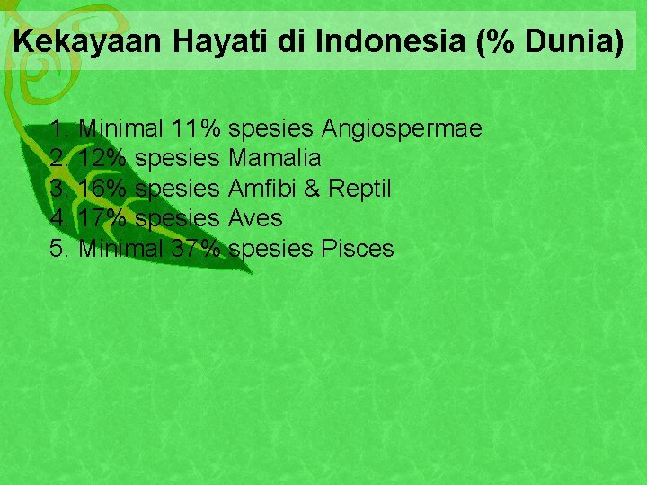 Kekayaan Hayati di Indonesia (% Dunia) 1. Minimal 11% spesies Angiospermae 2. 12% spesies