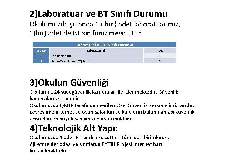 2)Laboratuar ve BT Sınıfı Durumu Okulumuzda şu anda 1 ( bir ) adet laboratuarımız,