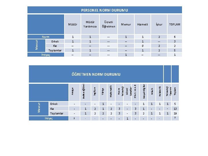  Mevcut PERSONEL NORM DURUMU Müdür Yardımcısı Ücretli Öğretmen Memur Hizmetli İşkur TOPLAM Norm