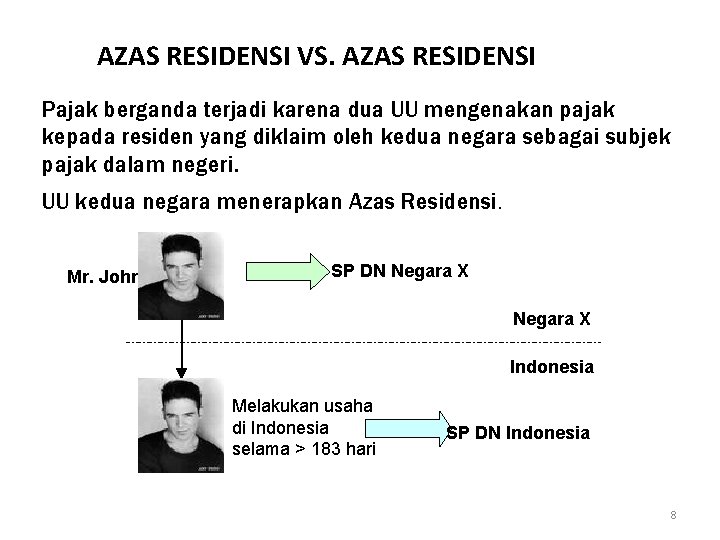 AZAS RESIDENSI VS. AZAS RESIDENSI Pajak berganda terjadi karena dua UU mengenakan pajak kepada