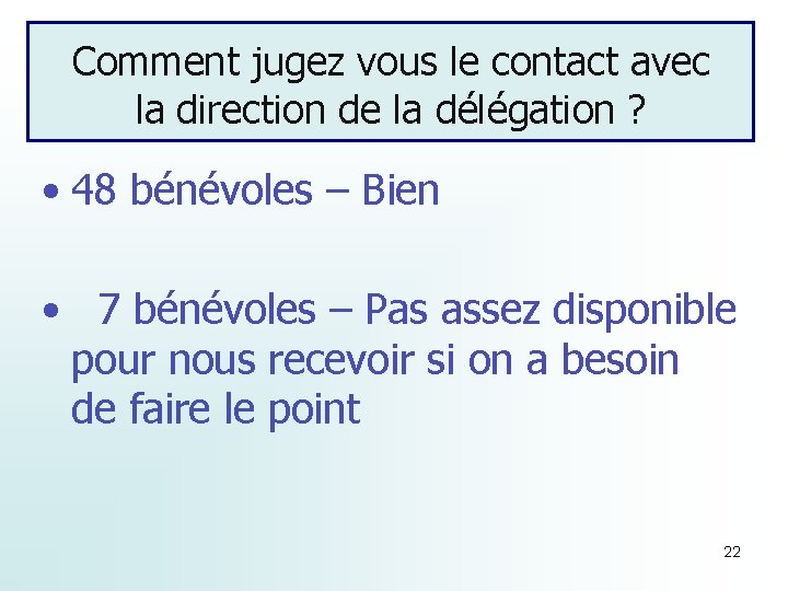 Comment jugez vous le contact avec la direction de la délégation ? • 48