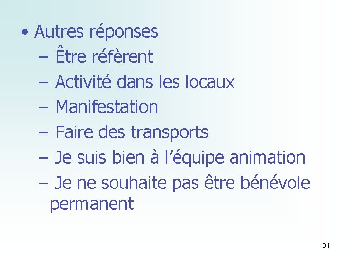  • Autres réponses – Être réfèrent – Activité dans les locaux – Manifestation