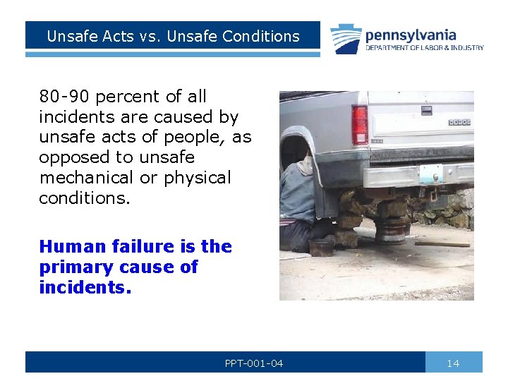 Unsafe Acts vs. Unsafe Conditions 80 -90 percent of all incidents are caused by