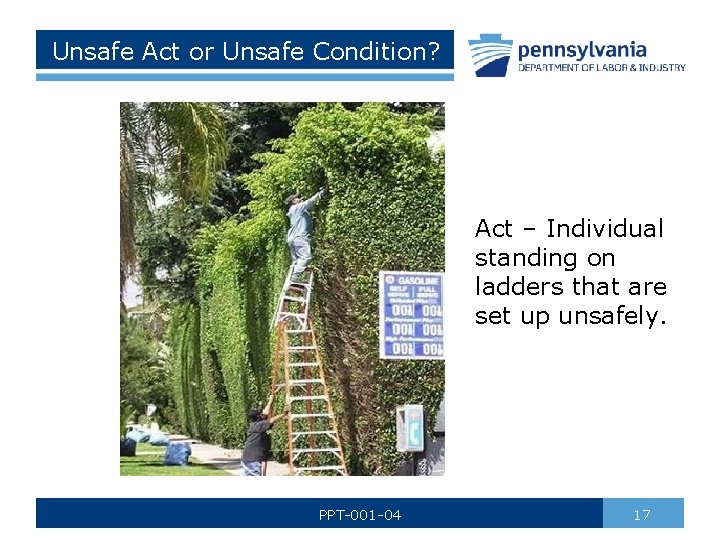 Unsafe Act or Unsafe Condition? Act – Individual standing on ladders that are set