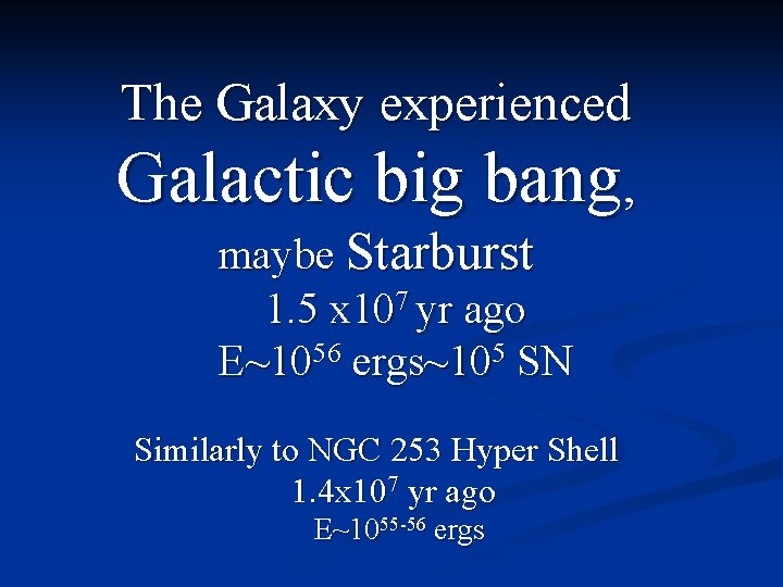 The Galaxy experienced Galactic big bang, maybe Starburst 1. 5 x 107 yr ago