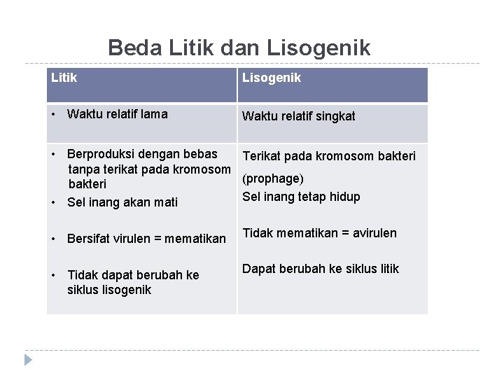 Beda Litik dan Lisogenik Litik Lisogenik • Waktu relatif lama Waktu relatif singkat •
