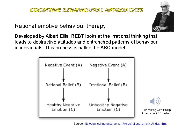 COGNITIVE BEHAVIOURAL APPROACHES Rational emotive behaviour therapy Developed by Albert Ellis, REBT looks at