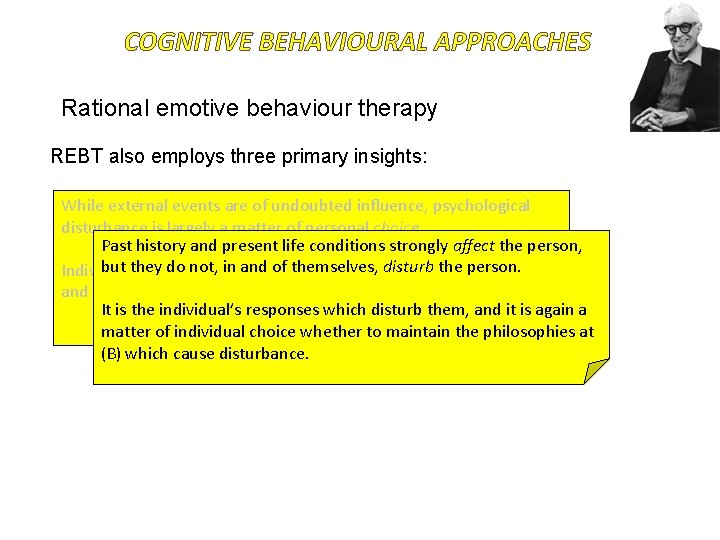 COGNITIVE BEHAVIOURAL APPROACHES Rational emotive behaviour therapy REBT also employs three primary insights: While