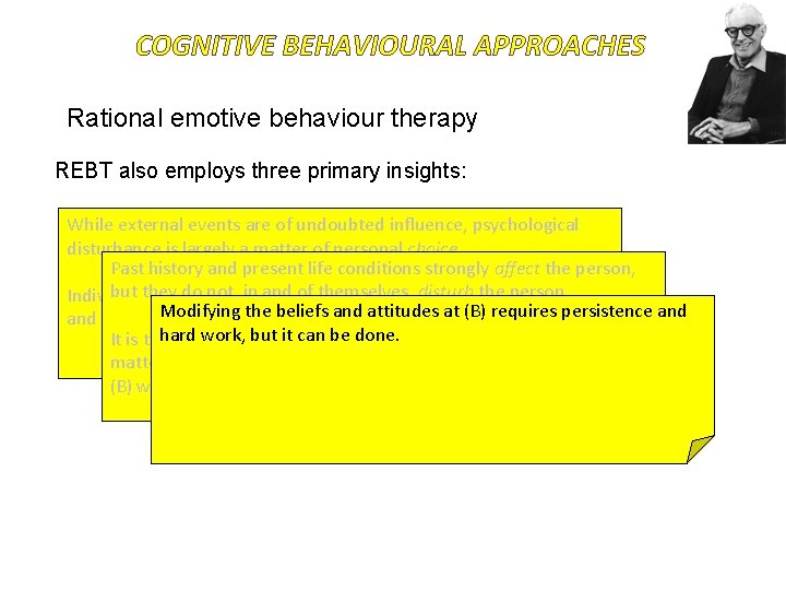 COGNITIVE BEHAVIOURAL APPROACHES Rational emotive behaviour therapy REBT also employs three primary insights: While